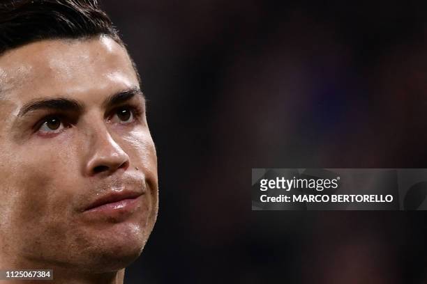 Juventus' Portuguese forward Cristiano Ronaldo looks on during the Italian Serie A football match Juventus vs Frosinone on February 15, 2019 at the...