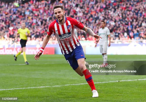 Saul Niguez of Atletico de Madrid celebrates after scoring his team's second goal during the La Liga match between Club Atletico de Madrid and Getafe...