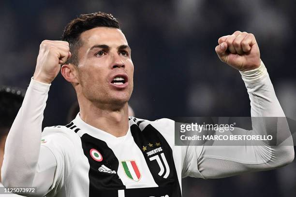 Juventus' Portuguese forward Cristiano Ronaldo celebrates after scoring during the Italian Serie A football match Juventus vs Frosinone on February...
