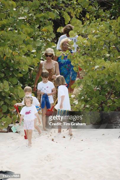 Prince William and Prince Harry with their cousins, their mother, Diana, Princess of Wales and their grandmother, Frances Shand Kydd , on the beach...
