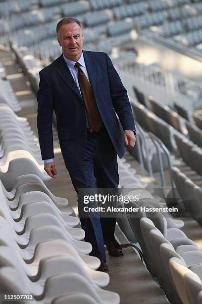 Karl-Heinz Rummenigge, CEO of Bayern Muenchen arrives for the presentation of the new FC Bayern Muenchen home jersey for the season 2011/12 at...