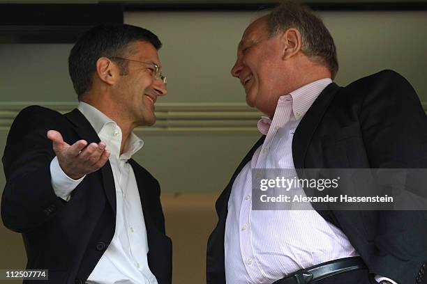 Uli Hoeness , President of Bayern Muenchen talks to Herbert Hainer, CEO of adidas group prior the presentation of the new FC Bayern Muenchen home...