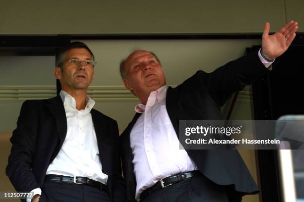 Uli Hoeness , President of Bayern Muenchen talks to Herbert Hainer, CEO of adidas group prior the presentation of the new FC Bayern Muenchen home...