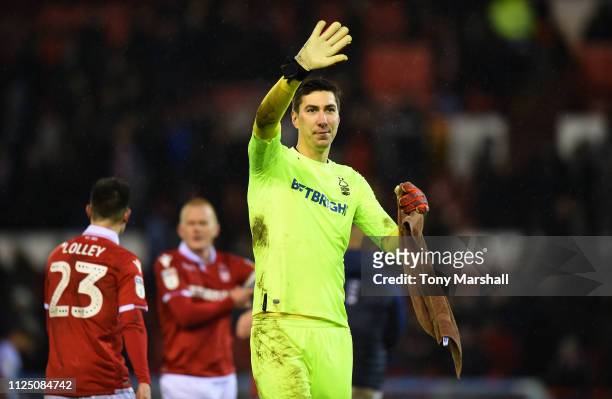 Costel Pantilimon of Nottingham Forest waves to the fans at the end of the match during the Sky Bet Championship match at City Ground on January 26,...