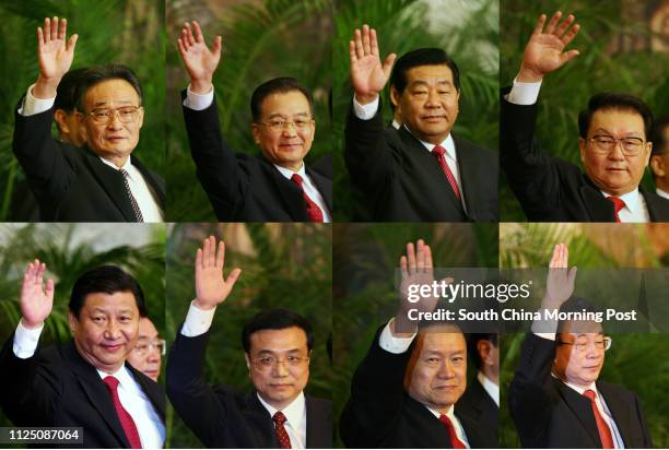 Chinese communist party's new leadership team Wu Bangguo; Wen Jiabao; Jia Qinglin and Li Changchun. Down: Xi Jinping; Li Keqiang; He Guoqiang and...