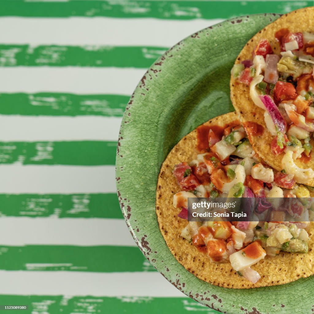 Closeup of two ceviche tostadas