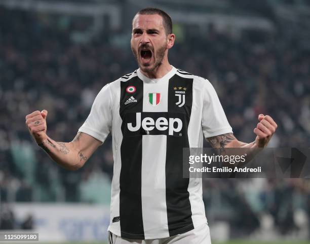 Leonardo Bonucci of Juventus celebrates his goal during the Serie A match between Juventus and Frosinone Calcio at Allianz Stadium on February 15,...