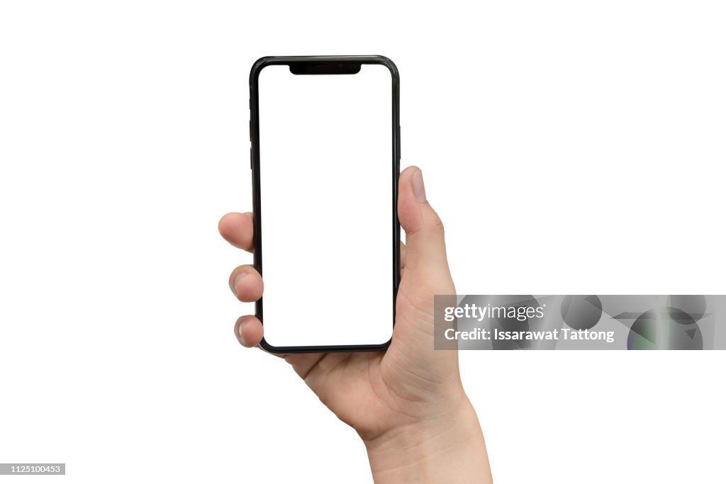 Close up hand hold phone isolated on white, mock-up smartphone white color blank screen