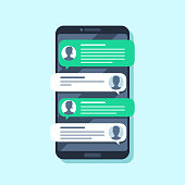 Mobile sms notifications. Hand texting message on smartphone, people chatting. Conversion flat vector illustration