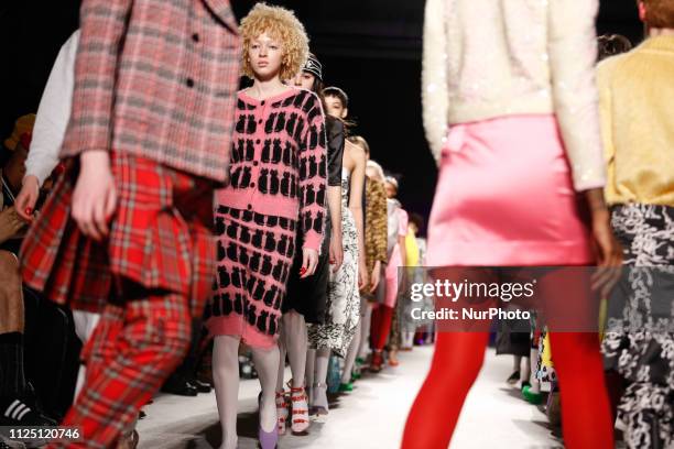 Models walk the runway at the Ashley Williams show during London Fashion Week February 2019 at the Ambika, University of Westminster on February 15,...