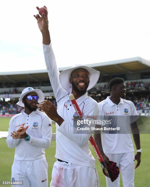 Roston Chase of West Indies celebrates at the end of the match after taking 8 wickets for 60 runs at the end of Day Four of the First Test match...