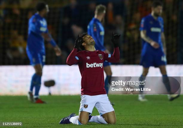 Felipe Anderson of West Ham United celebrates after scoring his team's second goal during the FA Cup Fourth Round match between AFC Wimbledon and...