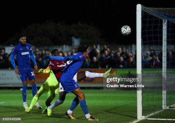 Toby Sibbick of AFC Wimbledon scores his team's fourth goal during the FA Cup Fourth Round match between AFC Wimbledon and West Ham United at The...