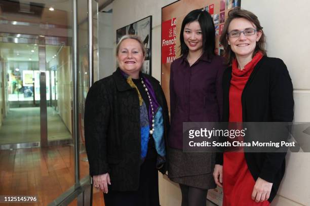 Francoise Schmitt, President of IESA, Alice Ho and Antonia Dubrulle, Regional Representative Asia of IESA, pose for photographer at Consulate General...