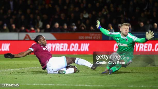 Aaron Ramsdale of AFC Wimbledon denies Michail Antonio of West Ham United chance to scores his team's third goal during the FA Cup Fourth Round match...