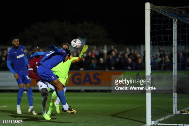 Toby Sibbick of AFC Wimbledon scores his team's fourth goal during the FA Cup Fourth Round match between AFC Wimbledon and West Ham United at The...