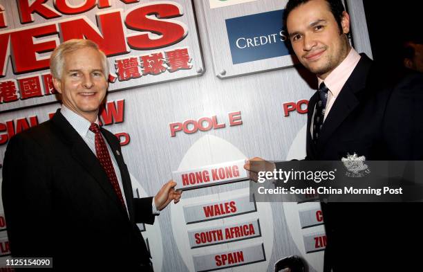 John Slosar, Chief Operation Officer of Cathay Pacific Airways and Hong Kong Rugby Team Simon Leung Ho-yam at the Official tournament draw of Cathay...