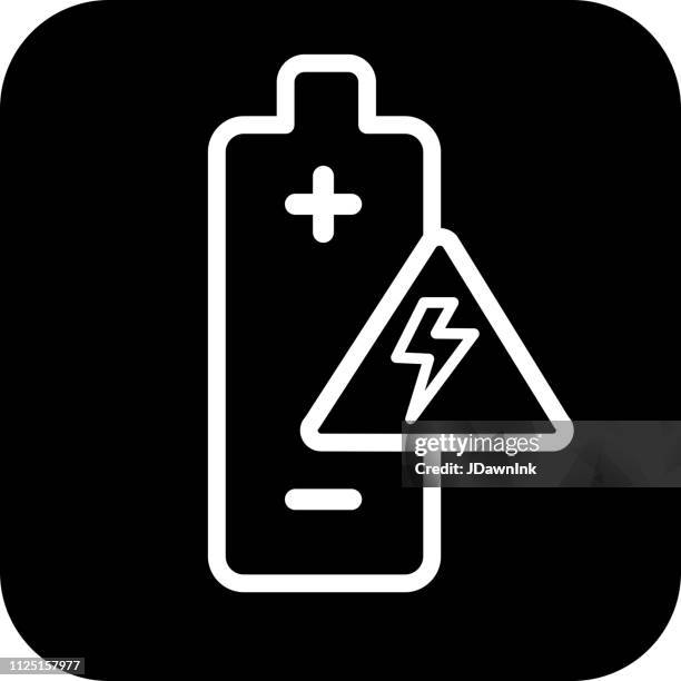 battery with warning sign flat simple outline line art design icon - storm damage stock illustrations