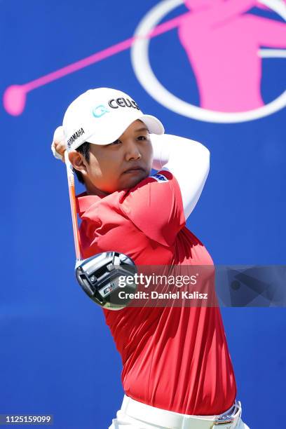 Haru Nomura of Japan tees off during day three of the 2019 ISPS Handa Women's Australian Open at The Grange GC on February 16, 2019 in Adelaide,...