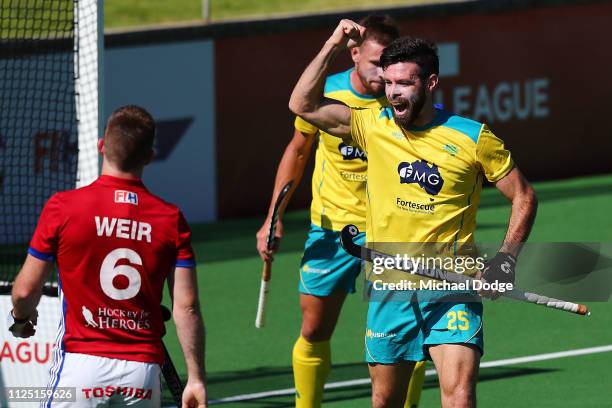 Trent Mitton of Australia celebrates a goal during the Men's FIH Field Hockey Pro League match between Australia and Great Britain on February 16,...