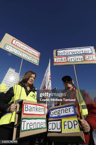 Supporters of the new left-wing "Stand Up" movement gather at a demonstration at Potsdamer Platz on February 20, 2019 in Berlin, Germany. Founded by...