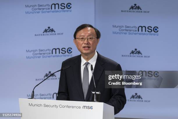 Yang Jiechi, China's Politburo member, speaks during the Munich Security Conference in Munich, Germany, on Saturday, Feb. 16, 2019. Germany's...