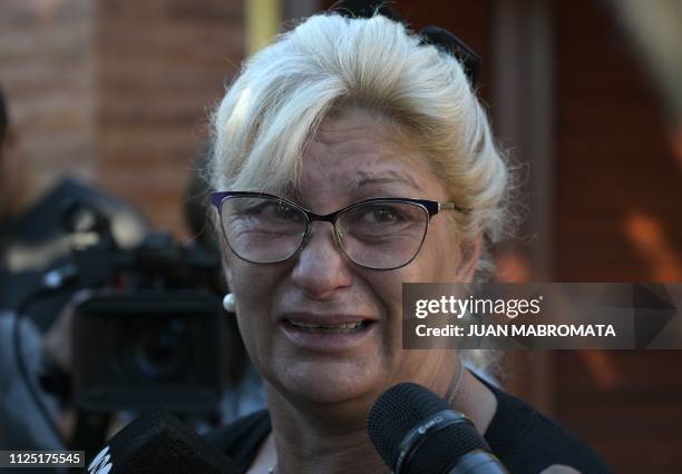 Mirta Taffarel, aunt of late football player Emiliano Sala, talks to the press during her nephew's wake at Club Atletico y Social San Martin in...
