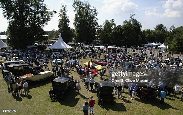 General view of the entries for the Cartier Style et Luxe competition during the Goodwood Festival of Speed at Goodwood House on July 14, 2002 at...