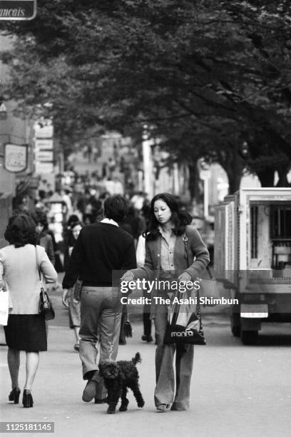 Women walks with her dog at Harajuku district on October 24, 1974 in Tokyo, Japan.