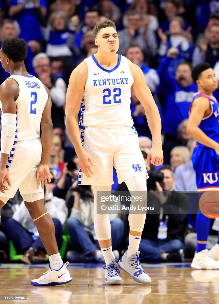 Kansas Kent Reed Reid Travis of the Kentucky Wildcats celebrates during the 71-63 win ...