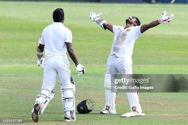 Kusal Perera of Sri Lanka celebrates during day 4 of the 1st Test match between South Africa and Sri Lanka at Kingsmead Stadium on February 16, 2019...