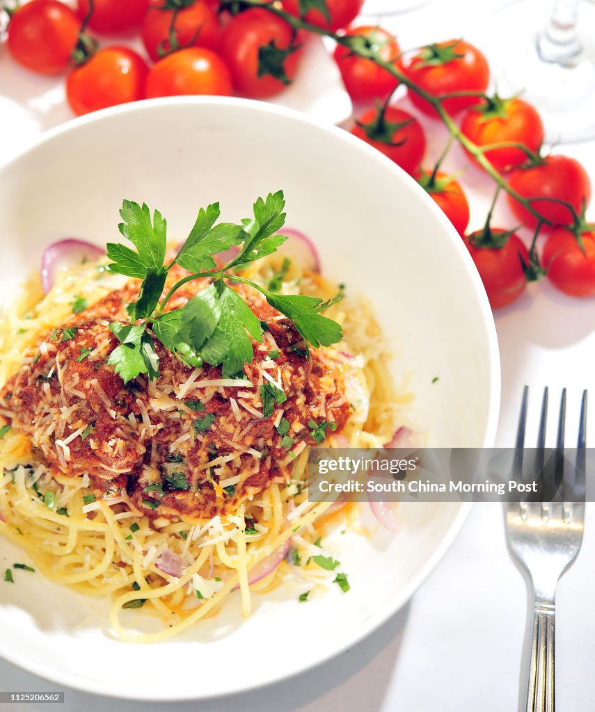 Food Review. Pictures on interior and food shots, at Mostaccioli Brothers, SOHO, Central. Spaghetti and meatball. 13th July, 11.