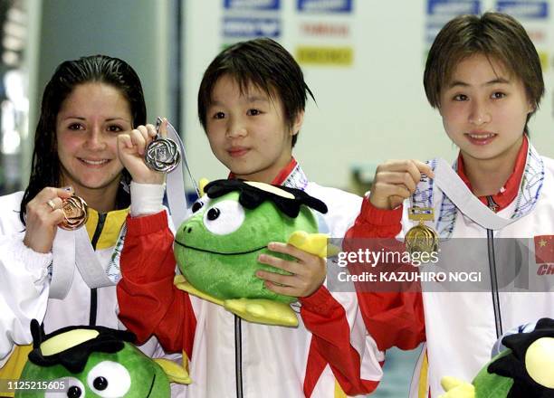 Winners of women's platform final, Gold medal winner Xu Mian of China , Silver medal winner Duan Qing of China , and Loudy Tourky of Australia ,...