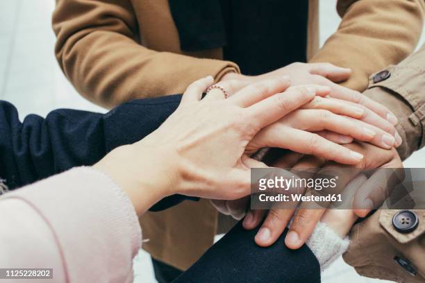 group of friends putting hands together - zusammenhalt stock-fotos und bilder