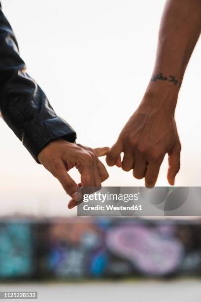 close-up of lesbian couple holding hands outdoors - incrociare foto e immagini stock