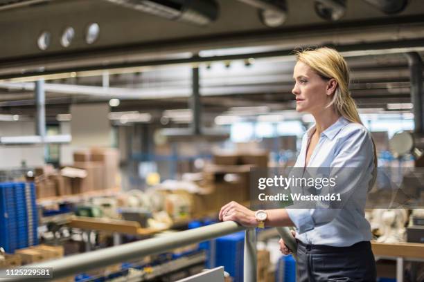 businesswoman in factory overlooking storehouse - ergens overheen kijken stockfoto's en -beelden