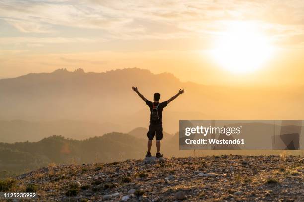 spain, barcelona, natural park of sant llorenc, man hiking and cheering at sunset - barcelona free stock-fotos und bilder