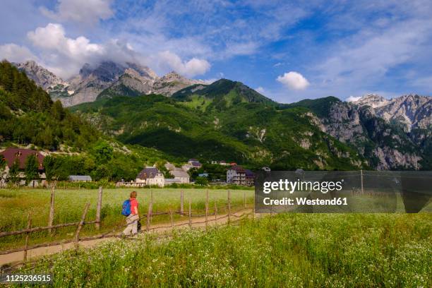 albania, shkoder county, albanian alps, theth national park, theth, female hiker - albanian stock pictures, royalty-free photos & images