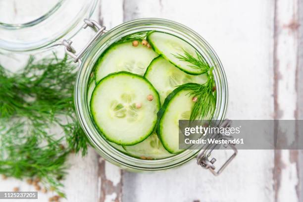 pickled cucumber, swedish pressgurka, with dill and white peppercorns - sliced pickles fotografías e imágenes de stock