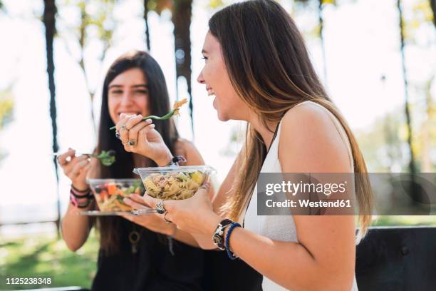 girl friends sitting in a park, eating salad - bandeja fotografías e imágenes de stock