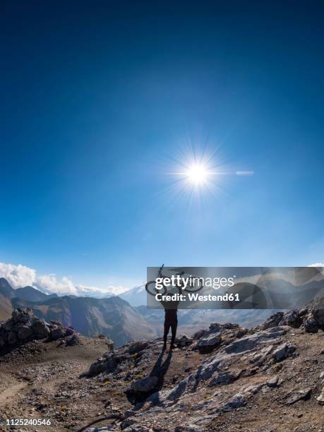 border region italy switzerland, cheering man with mountainbike on peak of piz umbrail - super sensory stock-fotos und bilder