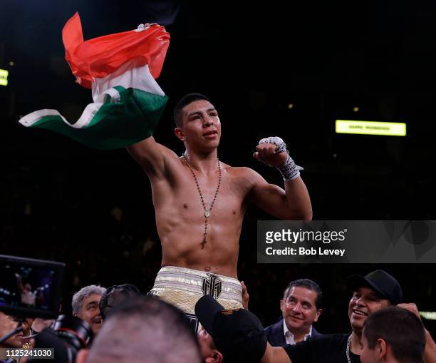 Jaime Munguia celebrates his victory over Takeshi Inoue for the WBO Junior Middleweight championship at Toyota Center on January 26, 2019 in Houston,...