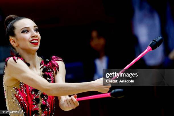 Kamelya Tuncel of Turkey individual rhythmic gymnast performs during the 2019 Alina Kabaeva Gazprom Champions Cup at Moscow's Luzhniki Sports Complex...