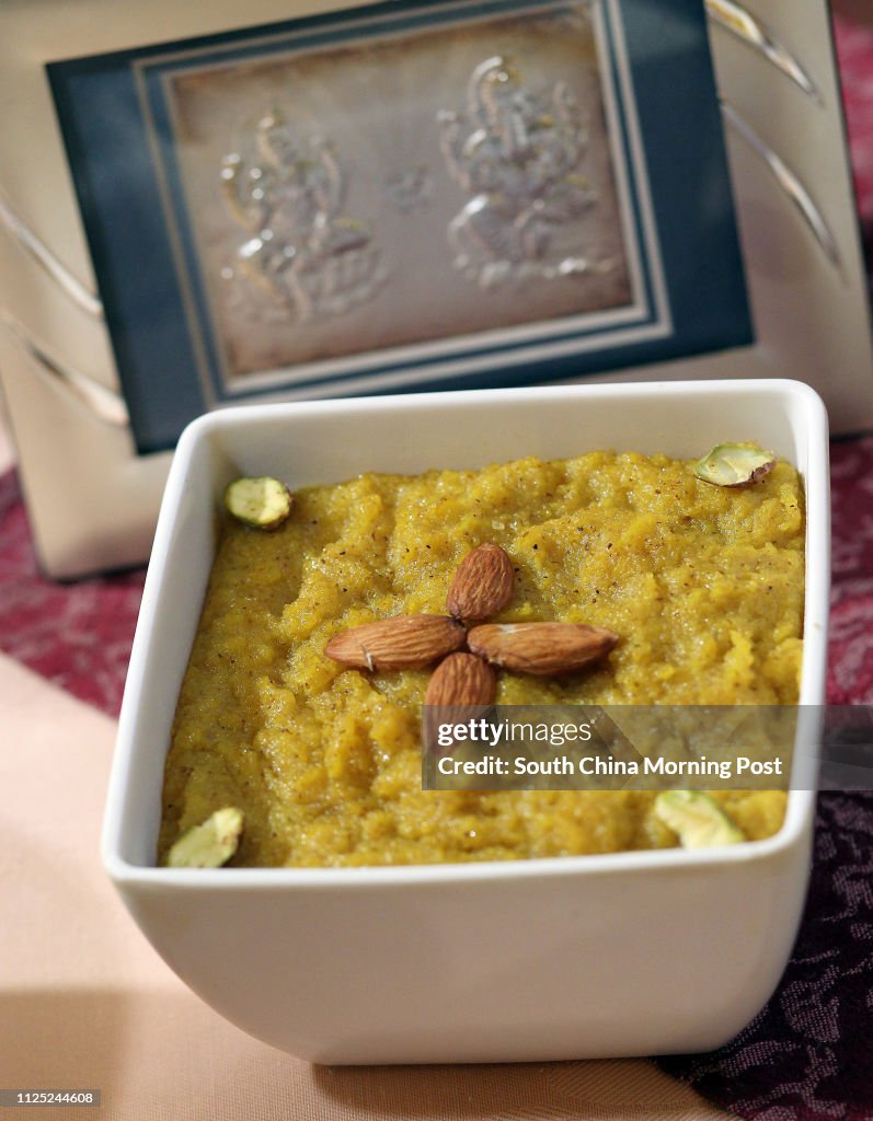 Food shot of dessert "Suji Ka Halwa" for Diwali festival at RangMahal Indian Restaurant in Causeway Bay. 18OCT11