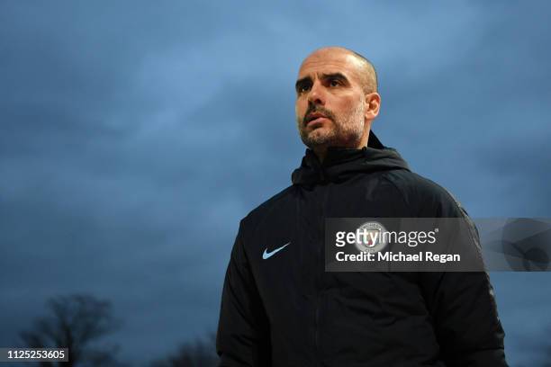 Josep Guardiola, Manager of Manchester City looks on during the FA Cup Fifth Round match between Newport County AFC and Manchester City at Rodney...