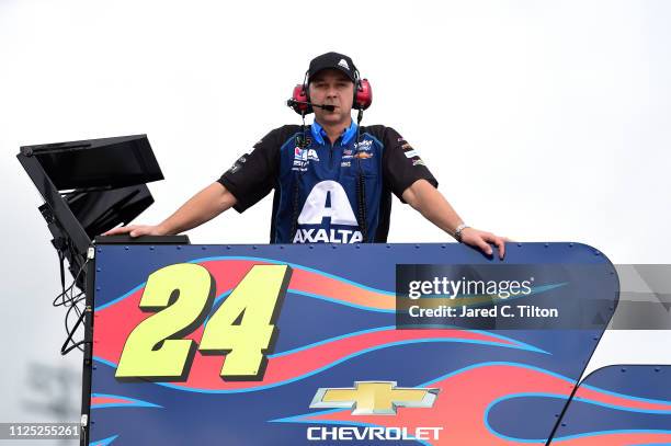 Chad Knaus, crew chief of the Axalta Chevrolet, looks on during practice for the Monster Energy NASCAR Cup Series 61st Annual Daytona 500 at Daytona...