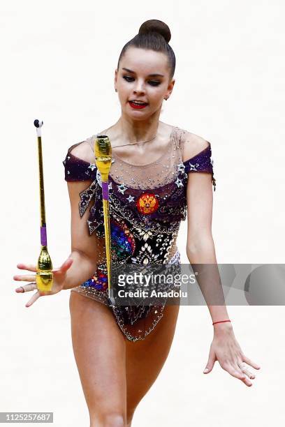 Russian individual rhythmic gymnast Dina Averina performs during the 2019 Alina Kabaeva Gazprom Champions Cup at Moscow's Luzhniki Sports Complex in...