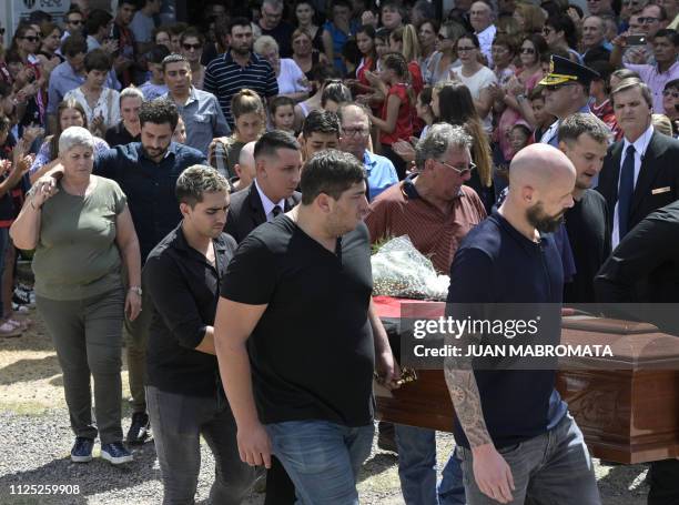 Nantes' French defender Nicolas Pallois Dario Sala brother of late Argentine footballer Emiliano Sala, Horacio Sala his father, along with relatives...