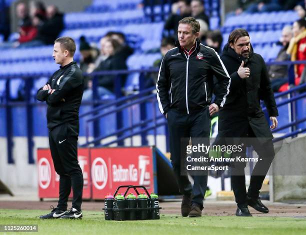 Bolton Wanderers' manager Phil Parkinson can't hide his disappointment whilst Norwich City's manager Daniel Farke shows the thumbs up sign during the...