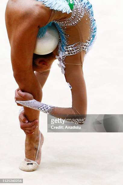 Russian individual rhythmic gymnast Aleksandra Soldatova performs during the 2019 Alina Kabaeva Gazprom Champions Cup at Moscow's Luzhniki Sports...